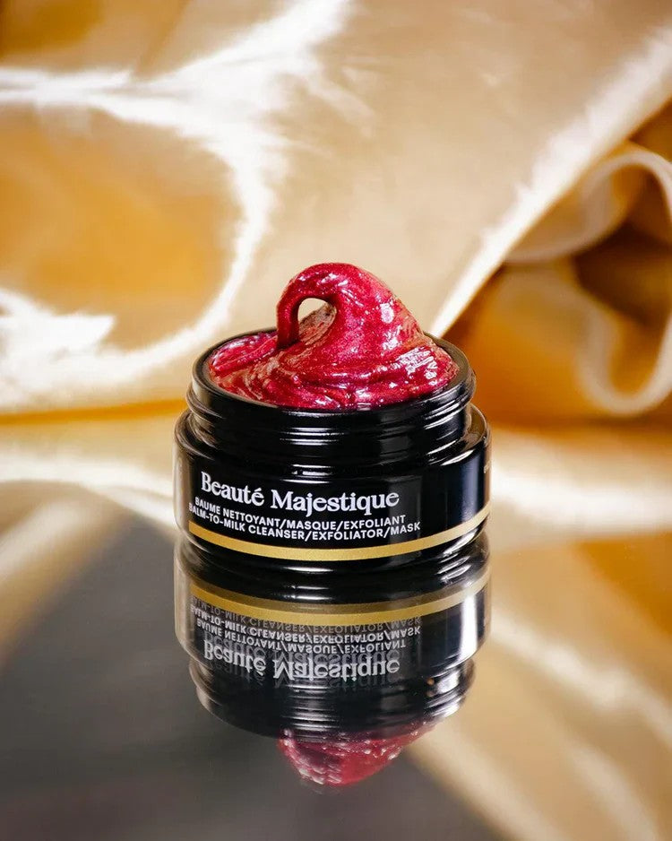 OKOKO Beauté Majestique — a red balm-to-milk cleanser, exfoliator, and mask infused with papaya enzymes and blue tansy — part of The Founder’s Ritual by Oyéta Kokoroko at Maison OKOKO, Vancouver.