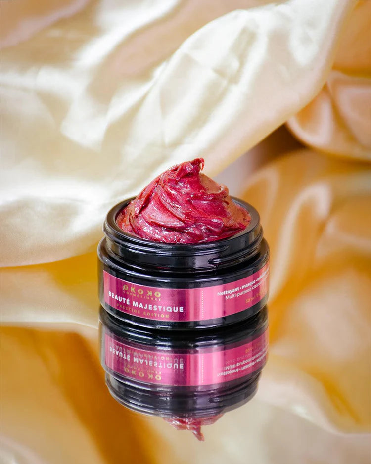 Beauté Majestique by OKOKO Cosmétiques — a luxury balm-to-milk cleanser, exfoliating mask, and gentle scrub infused with papaya enzymes, blue tansy, and willow bark extract. Created by founder Oyéta Kokoroko to deliver visibly radiant, smooth, and refined skin.