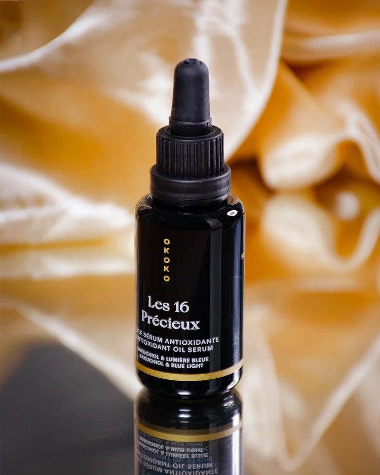 OKOKO Cosmétiques Les 16 Précieux — luxury antioxidant oil serum with bakuchiol, blue light protection, and 16 precious botanical oils for deep nourishment and barrier repair.