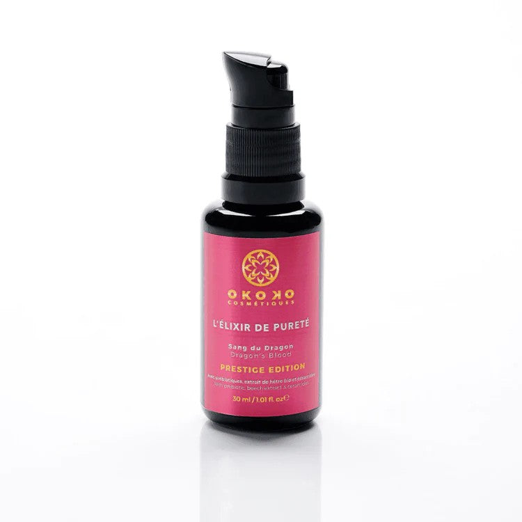 OKOKO L’Élixir de Pureté Dragon’s Blood and Niacinamide anti-aging serum — a luxury brightening and firming formula created by Oyéta Kokoroko for radiant, youthful skin.