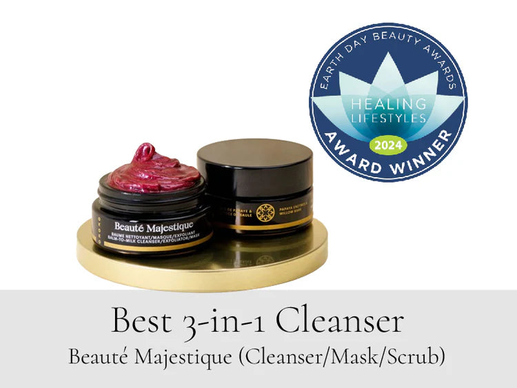 OKOKO Cosmétiques Beauté Majestique — award-winning 3-in-1 cleanser, mask, and exfoliator honored as Best 3-in-1 Cleanser 2024 by Healing Lifestyles Earth Day Beauty Awards. A sensorial balm-to-milk formula that brightens, smooths, and purifies skin through Intelligent Luxury Skincare™ innovation.