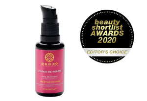 L’Élixir de Pureté – Sang du Dragon Prestige Edition by OKOKO Cosmétiques, honored with the Editor’s Choice Award for its rejuvenating formula featuring Dragon’s Blood extract, Niacinamide, beech tree, and advanced clean skincare innovation.
