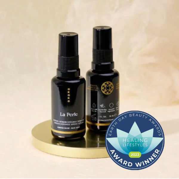 OKOKO Cosmétiques La Perle Urban Defense Spray Serum — winner of the Healing Lifestyles Earth Day Beauty Awards 2023 for Best Innovative Serum. A lightweight anti-pollution and blue-light defense serum with ceramides and dragon’s blood extract, representing the Maison’s Intelligent Luxury Skincare™ innovation.