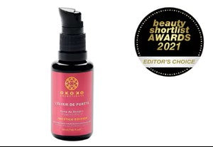 OKOKO Cosmétiques L’Élixir de Pureté Prestige Edition — Editor’s Choice award-winning rejuvenating serum with dragon’s blood extract, niacinamide, and willow bark. Firms, refines, and restores luminosity through Intelligent Luxury Skincare™ innovation.