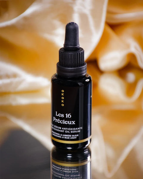 OKOKO Cosmétiques Les 16 Précieux — luxury antioxidant oil serum with bakuchiol, blue light protection, and 16 precious botanical oils for deep nourishment and barrier repair.